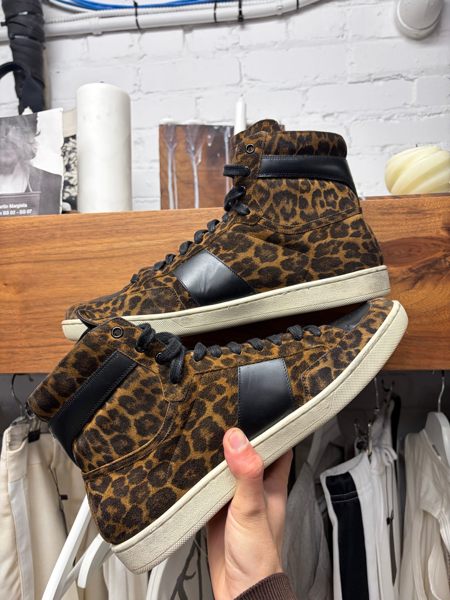 Saint Laurent ‘SL/10H’ Leopard Suede/Black Leather Court High Top Sneakers