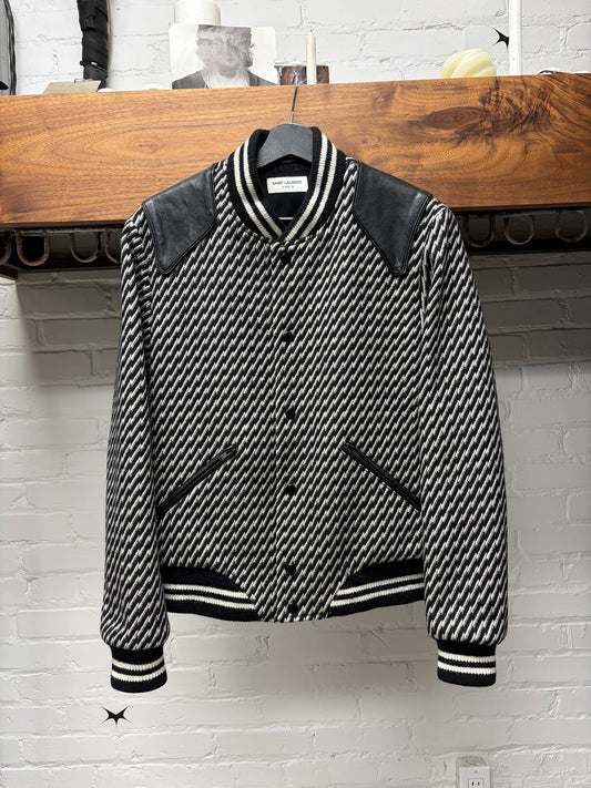 AW2018 Saint Laurent Houndstooth Black/White ‘Teddy’ Varsity Jacket with Leather Accents