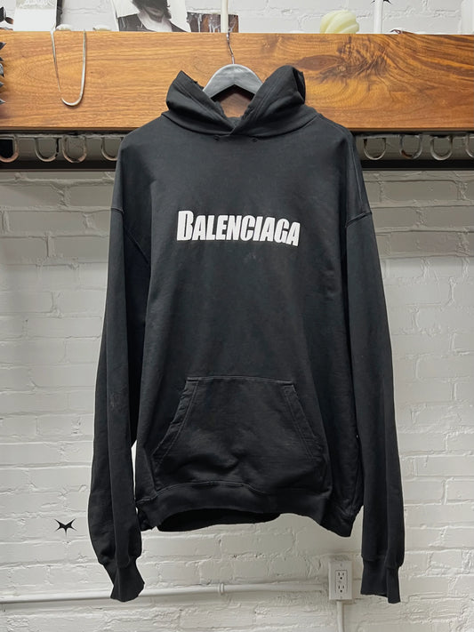 2022 Balenciaga Distressed Logo Black Pullover Hoodie