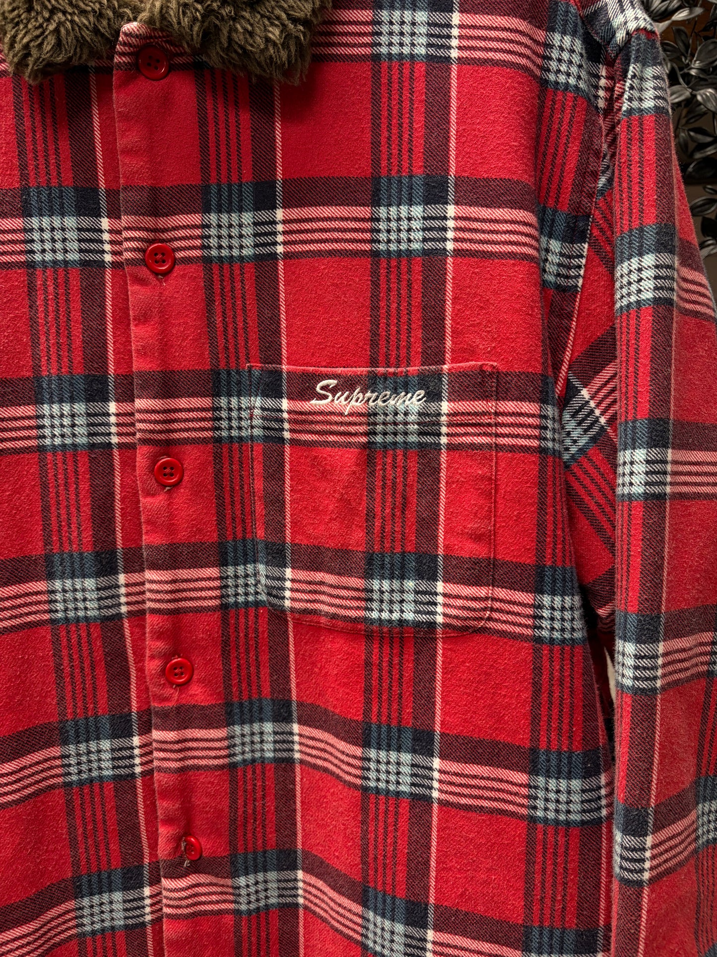 2021 Supreme Quilted Plaid Red Faux Fur Collar Work-Shirt