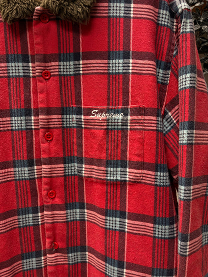 2021 Supreme Quilted Plaid Red Faux Fur Collar Work-Shirt