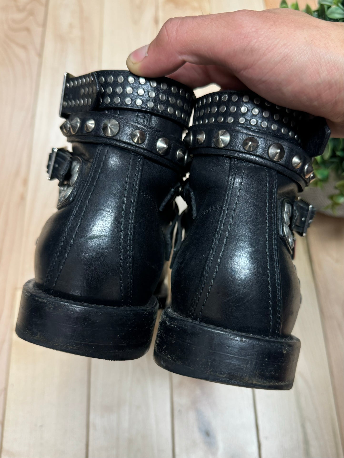 Saint Laurent Ranger Studded Black Leather Combat Ankle Boots