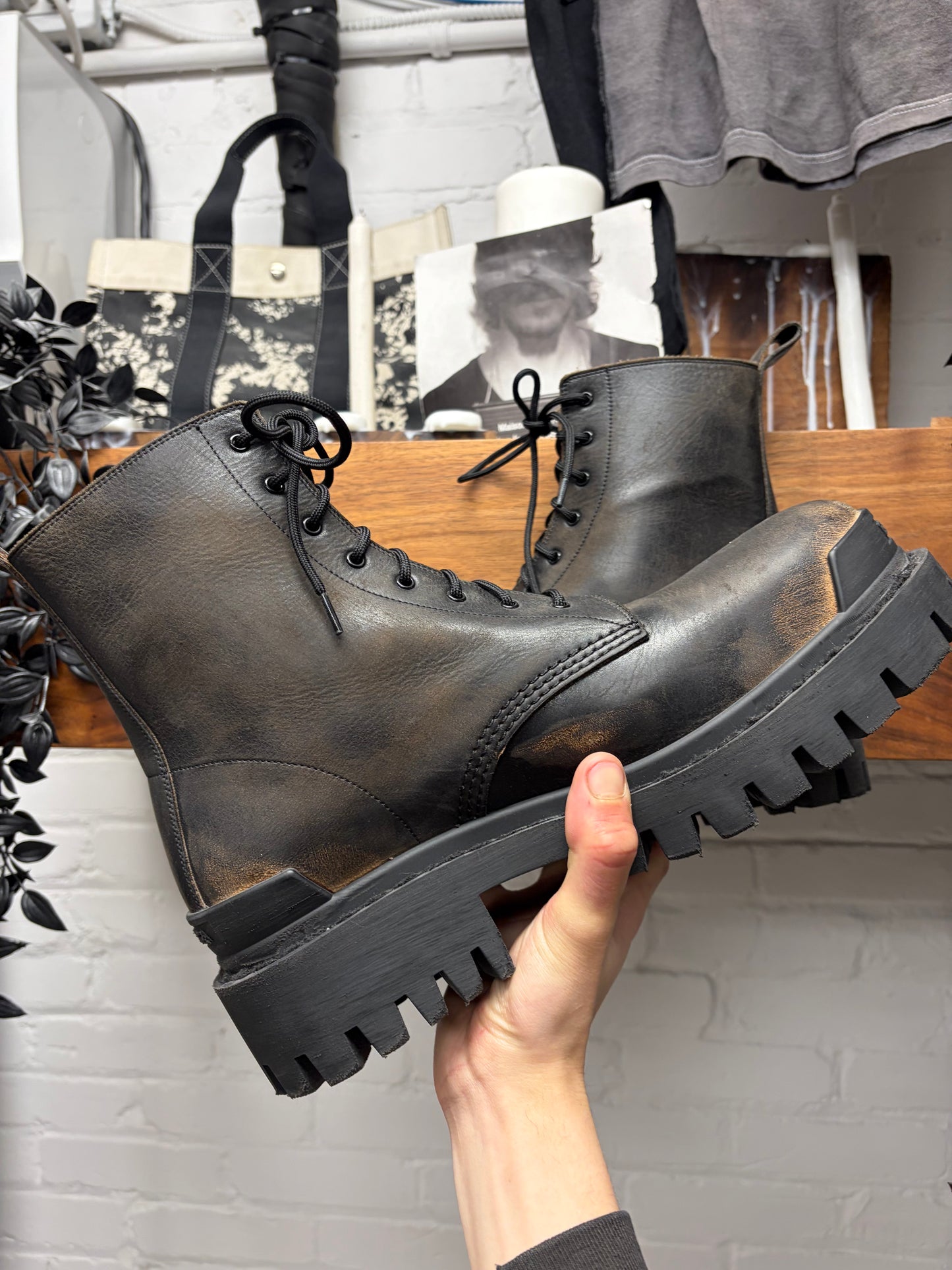 Balenciaga ‘Worn Out’ Distressed Leather ‘Strike’ Combat Boots