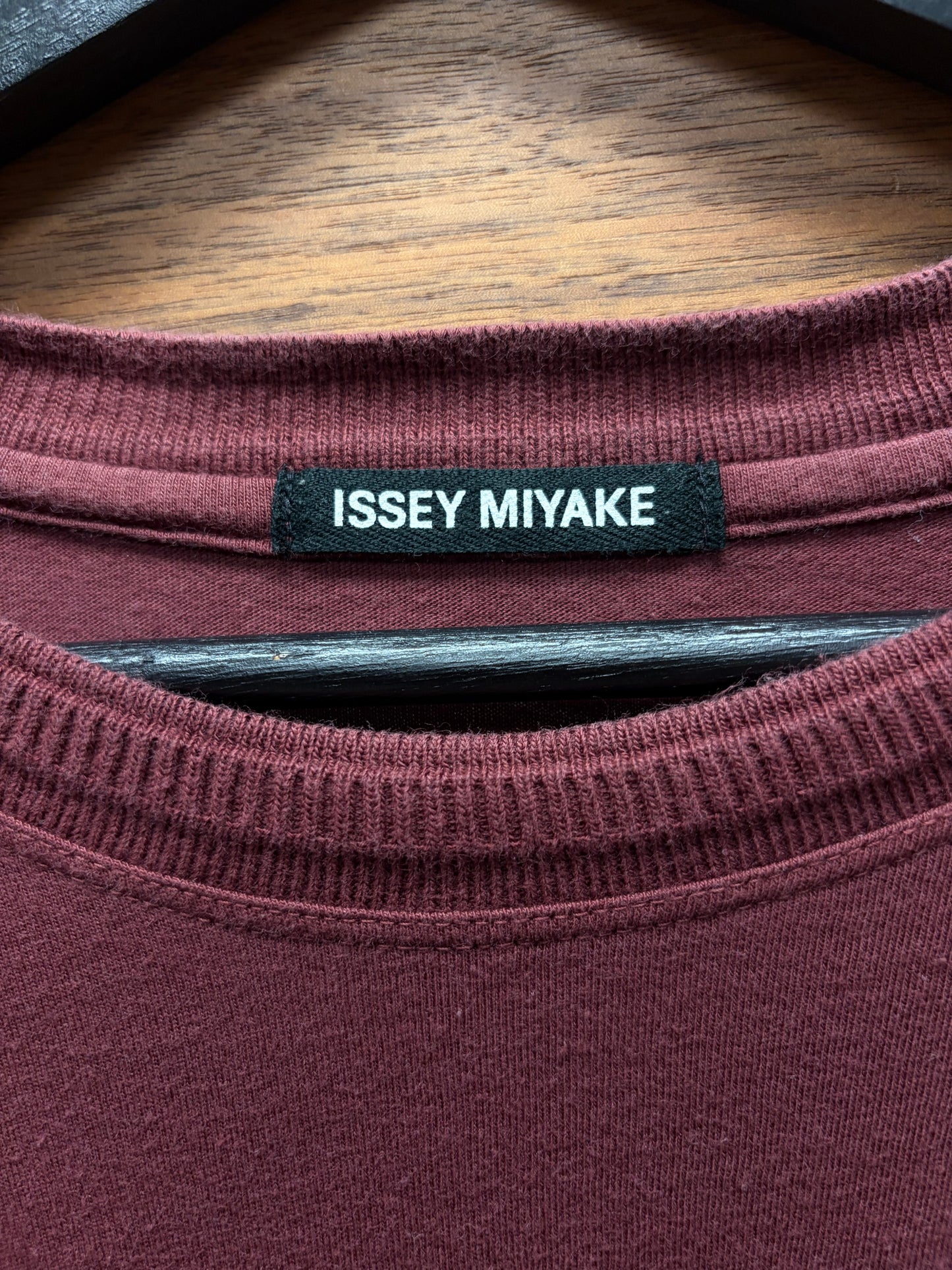 Issey Miyake Burgundy Ribbed Neckline Cotton T-Shirt