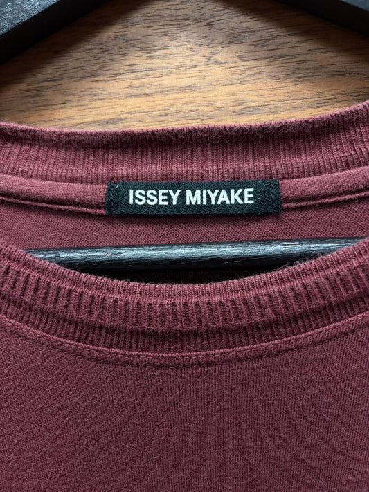 Issey Miyake Burgundy Ribbed Neckline Cotton T-Shirt