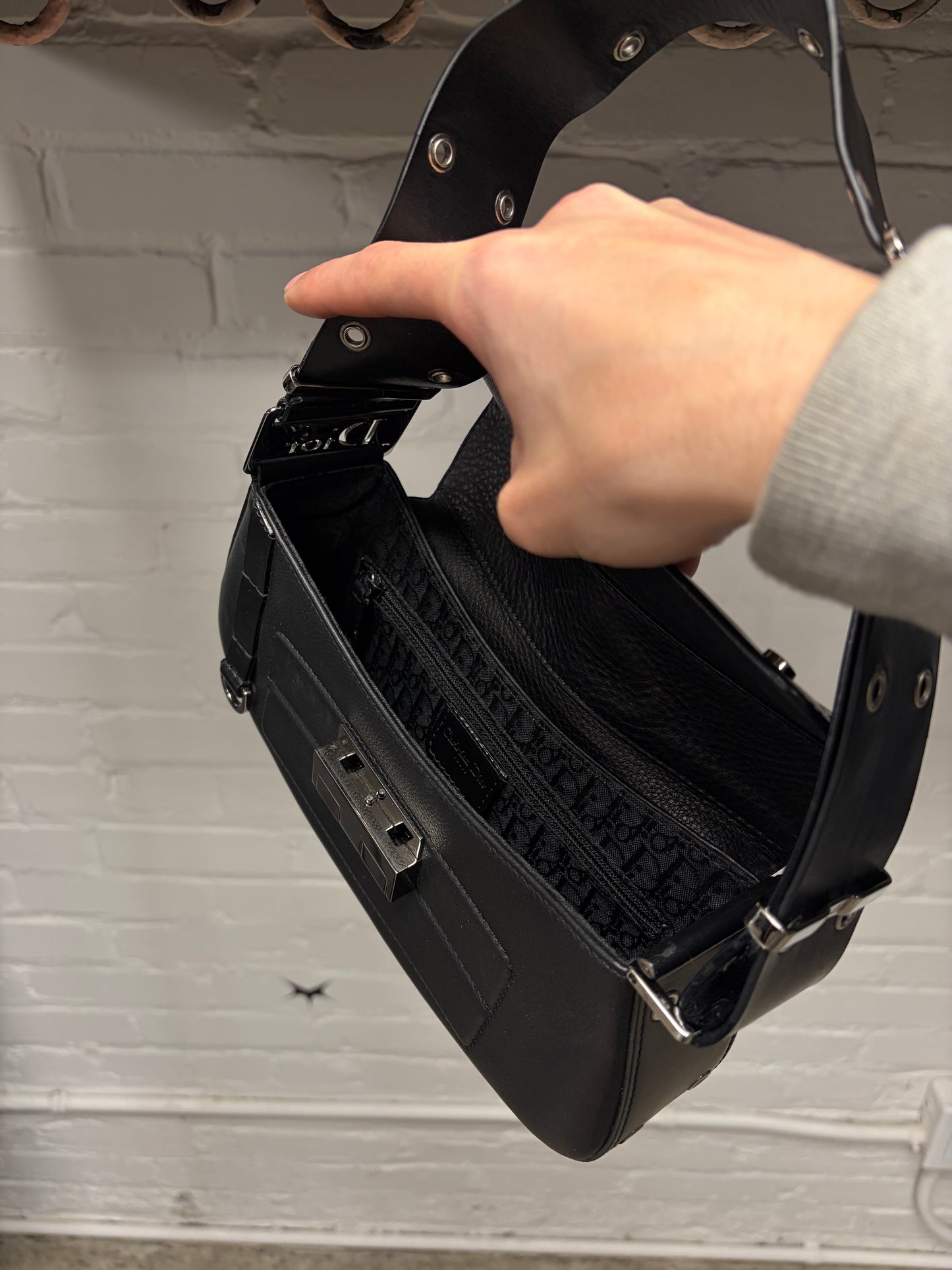 2003 Dior by John Galliano Street Chic ‘Columbus’ Studded Black Leather Shoulder Bag