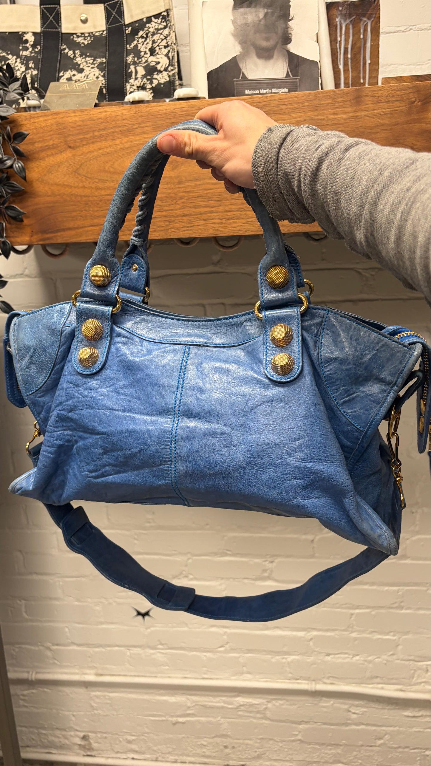 Balenciaga Aquamarine ‘City Bag’ with Gold Hardware and Crossbody Strap