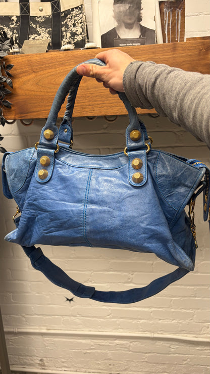 Balenciaga Aquamarine ‘City Bag’ with Gold Hardware and Crossbody Strap