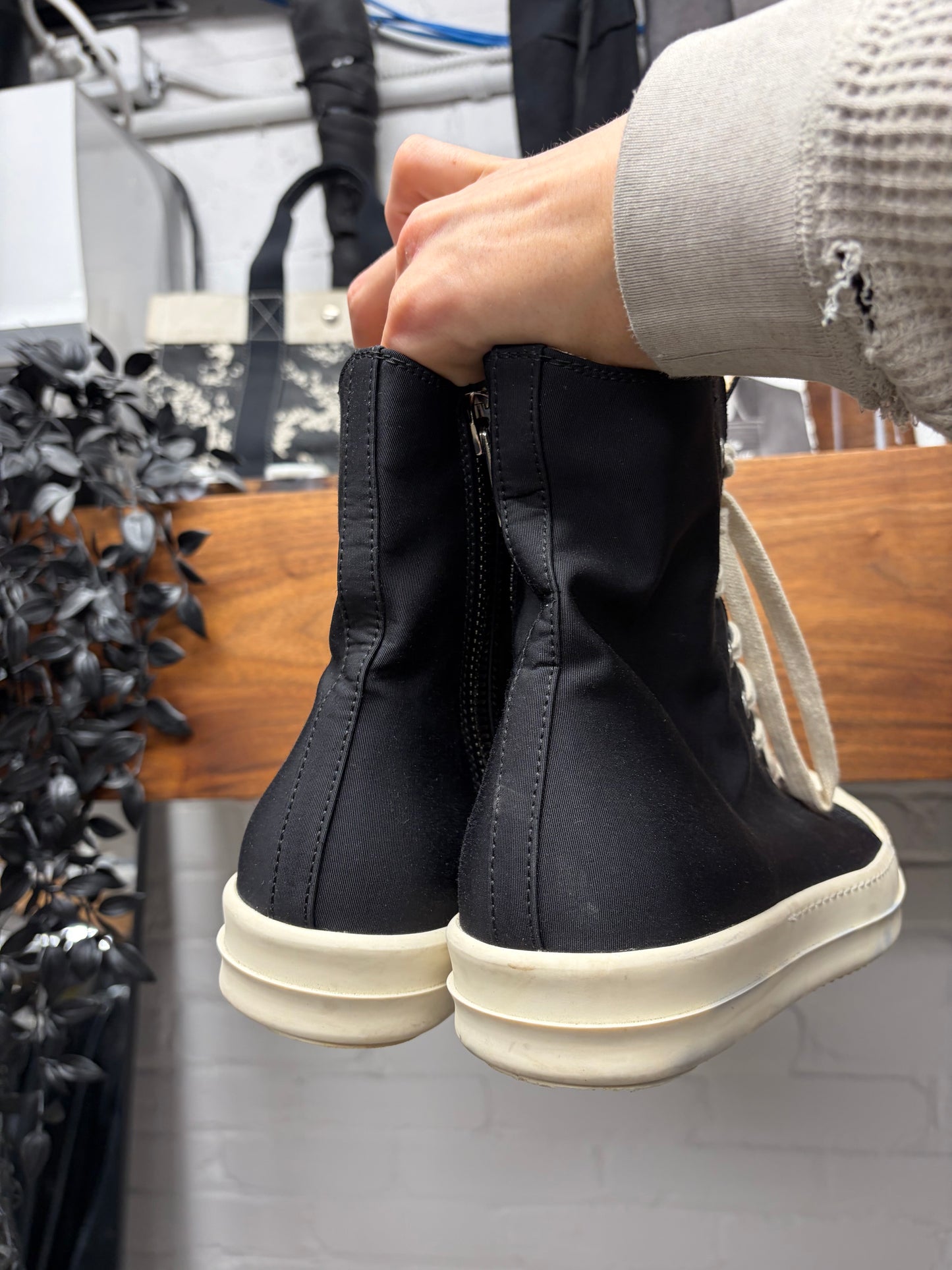 Rick Owens Black Canvas ‘Ramones’ Black/Milk High Top Sneakers