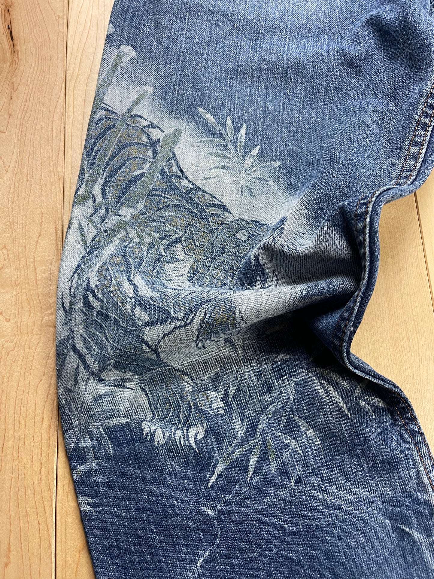 Eternal Tiger & Dragon Blue Washed Wide Cut Denim