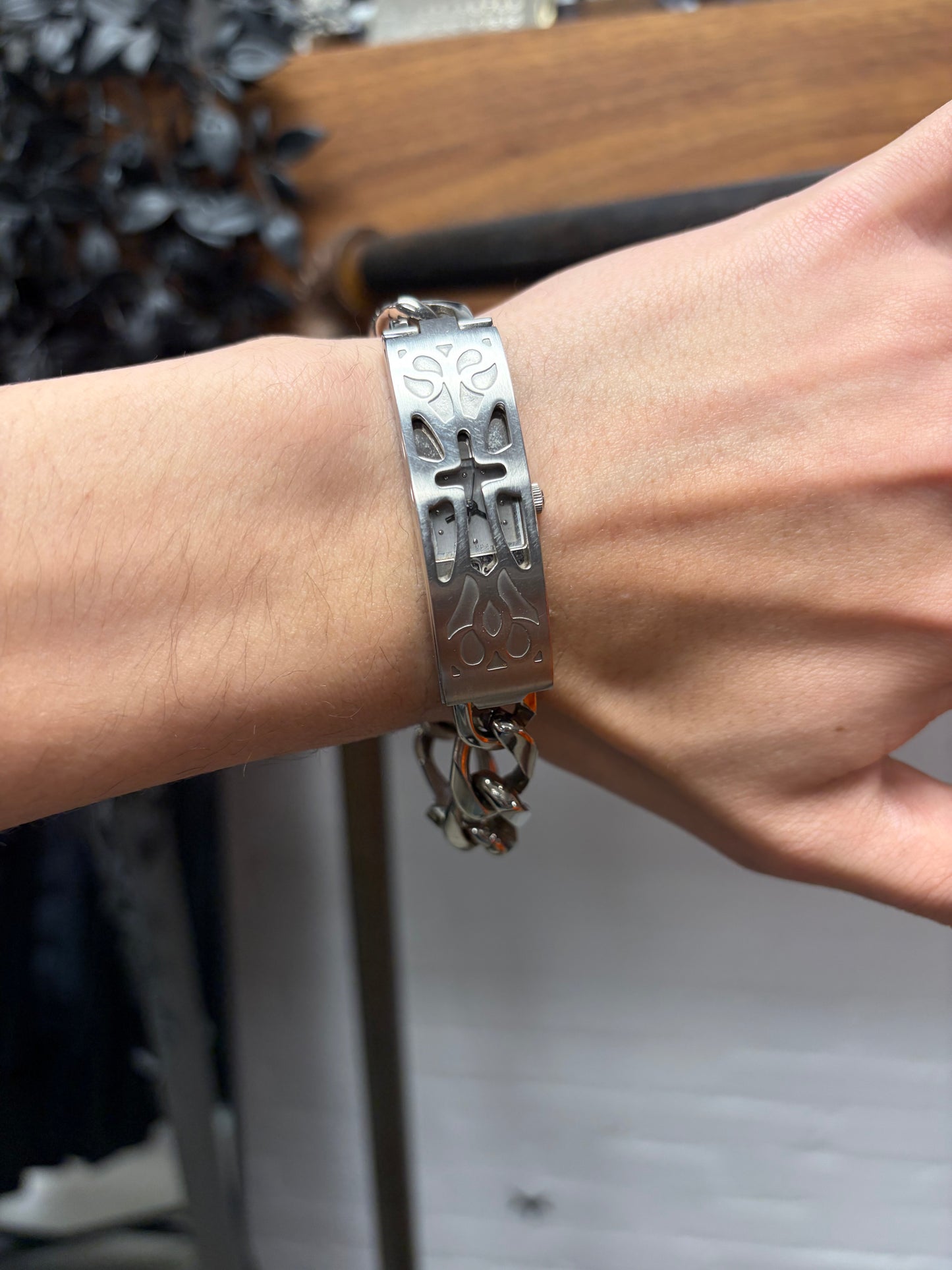 Jean Paul Gaultier Silver Cross Bracelet with Concealed Watch Face