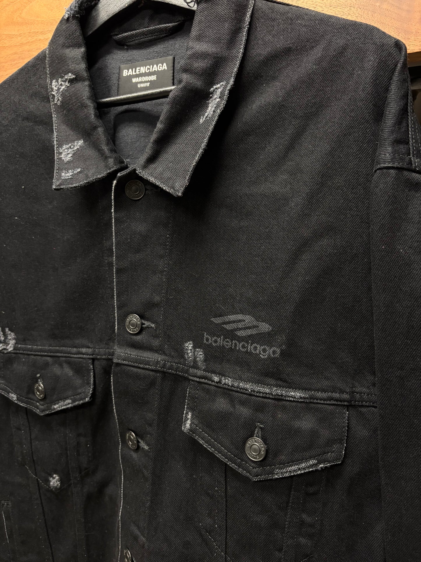 AW2022 Balenciaga ‘3B Sports Icon’ Oversized Distressed Black Denim Trucker Jacket