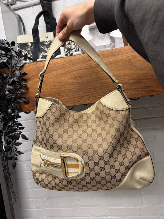 Vintage Gucci Horsebit ‘Hasler’ Brown Canvas Monogram Shoulder Bag