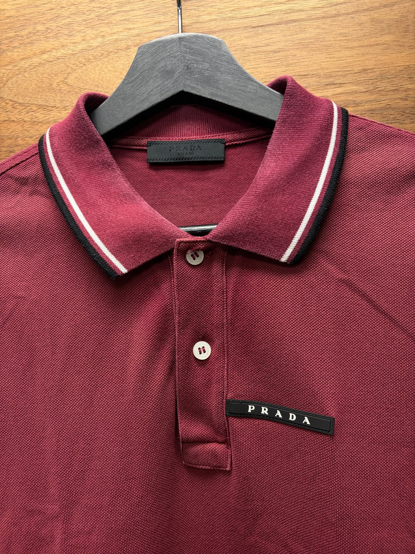 Prada Sport Logo Burgundy/Black Striped Finish Polo