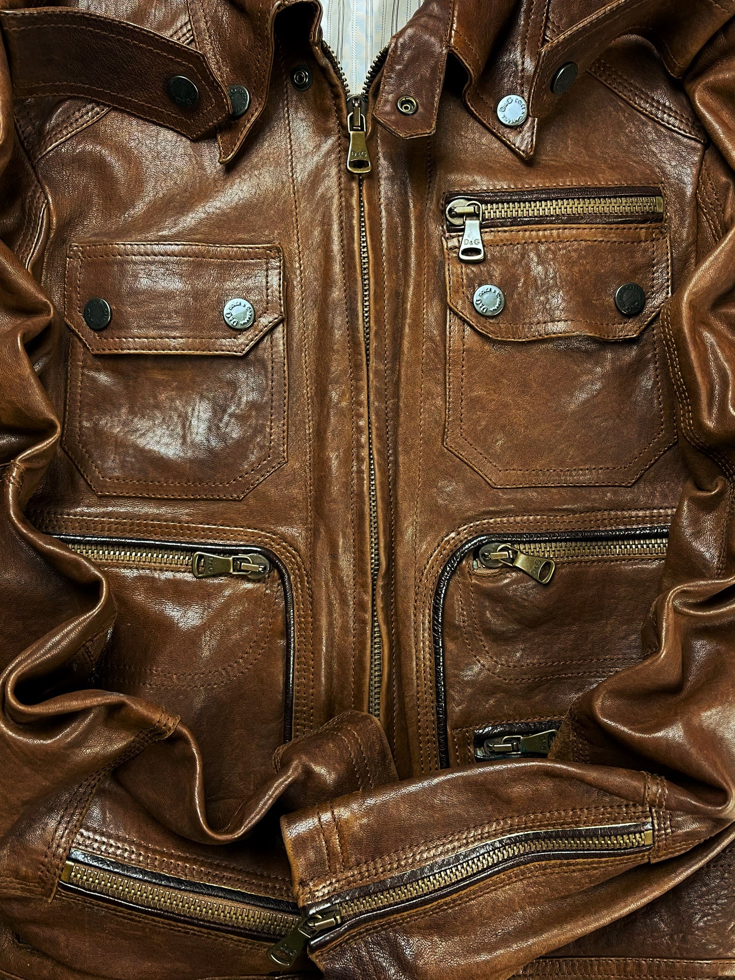 2000’s Dolce & Gabbana Calfskin Leather Multi-Pocket Collared Leather Jacket.