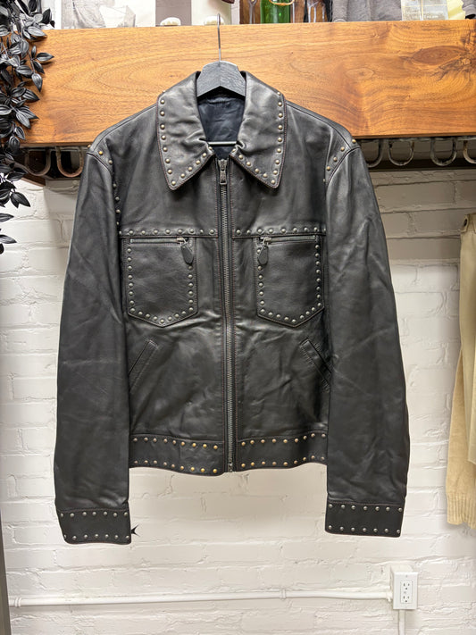 2000s Roberto Cavalli Studded Lambskin Leather Collared Aviation Bomber Jacket