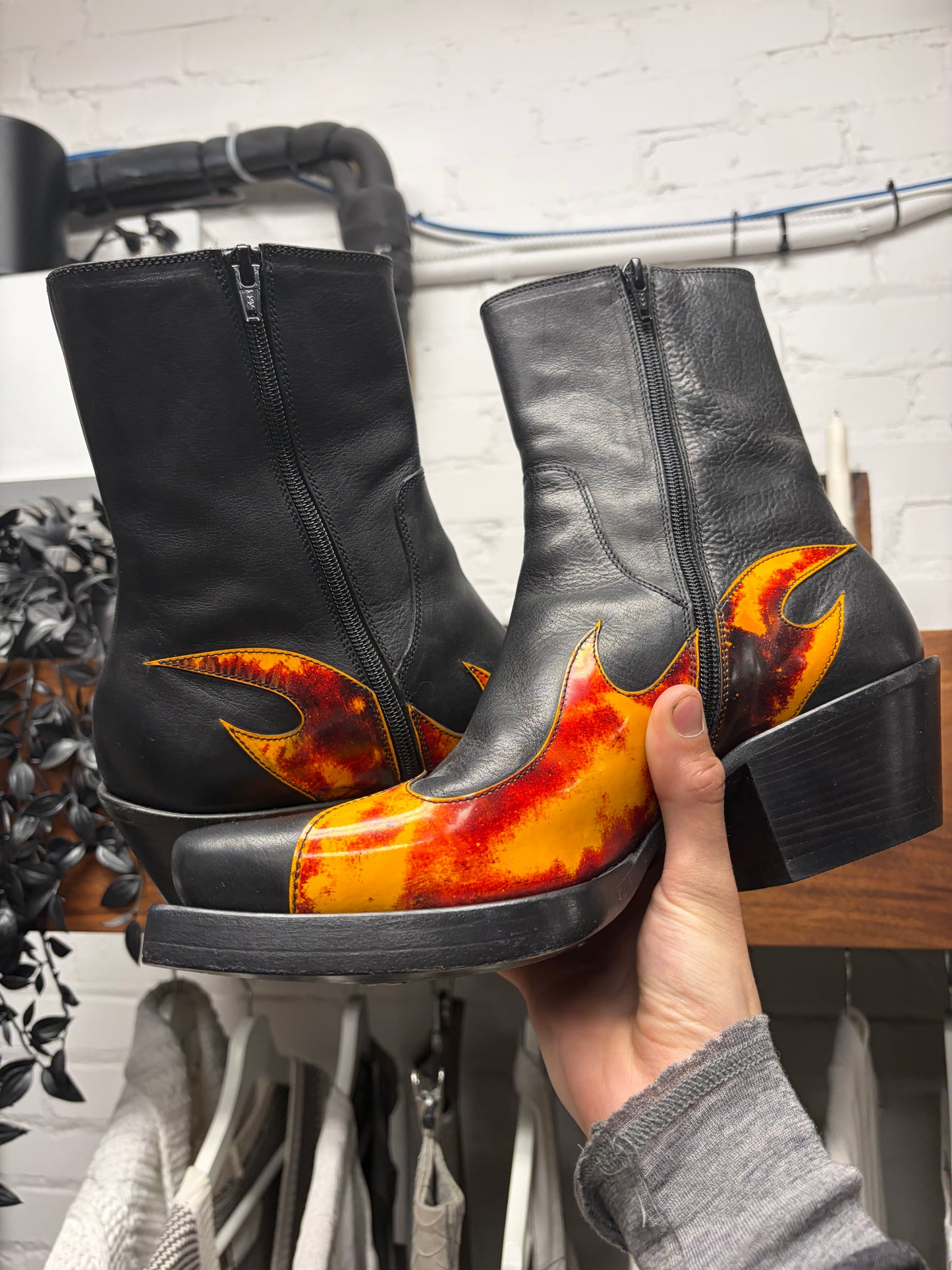 Vetements Flame Appliqué Black Leather Cuban Heel Boots