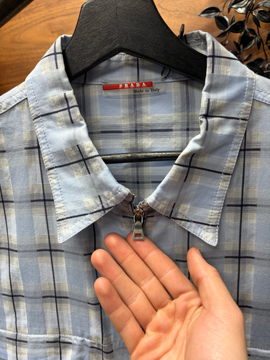 2000s Prada Sport Tartan Plaid Patterned Short Sleeve Zip-Up Shirt