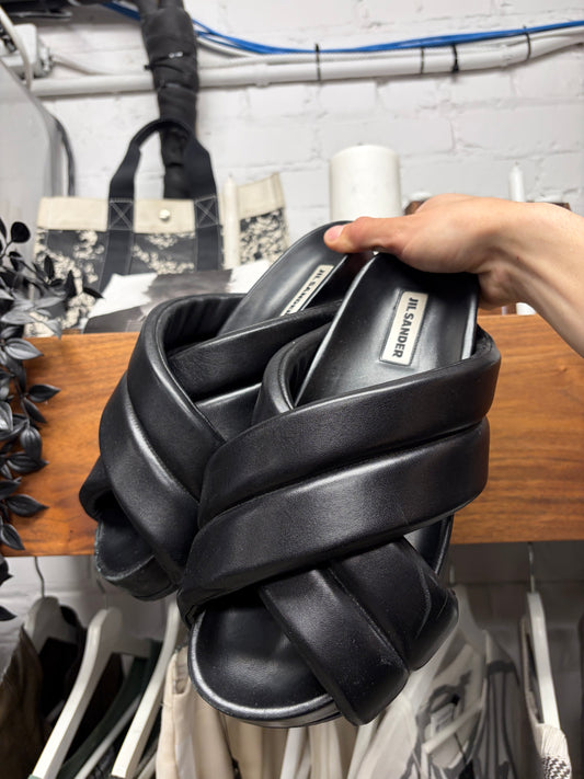 Jil Sander Crossover Strap Black Leather Sandals