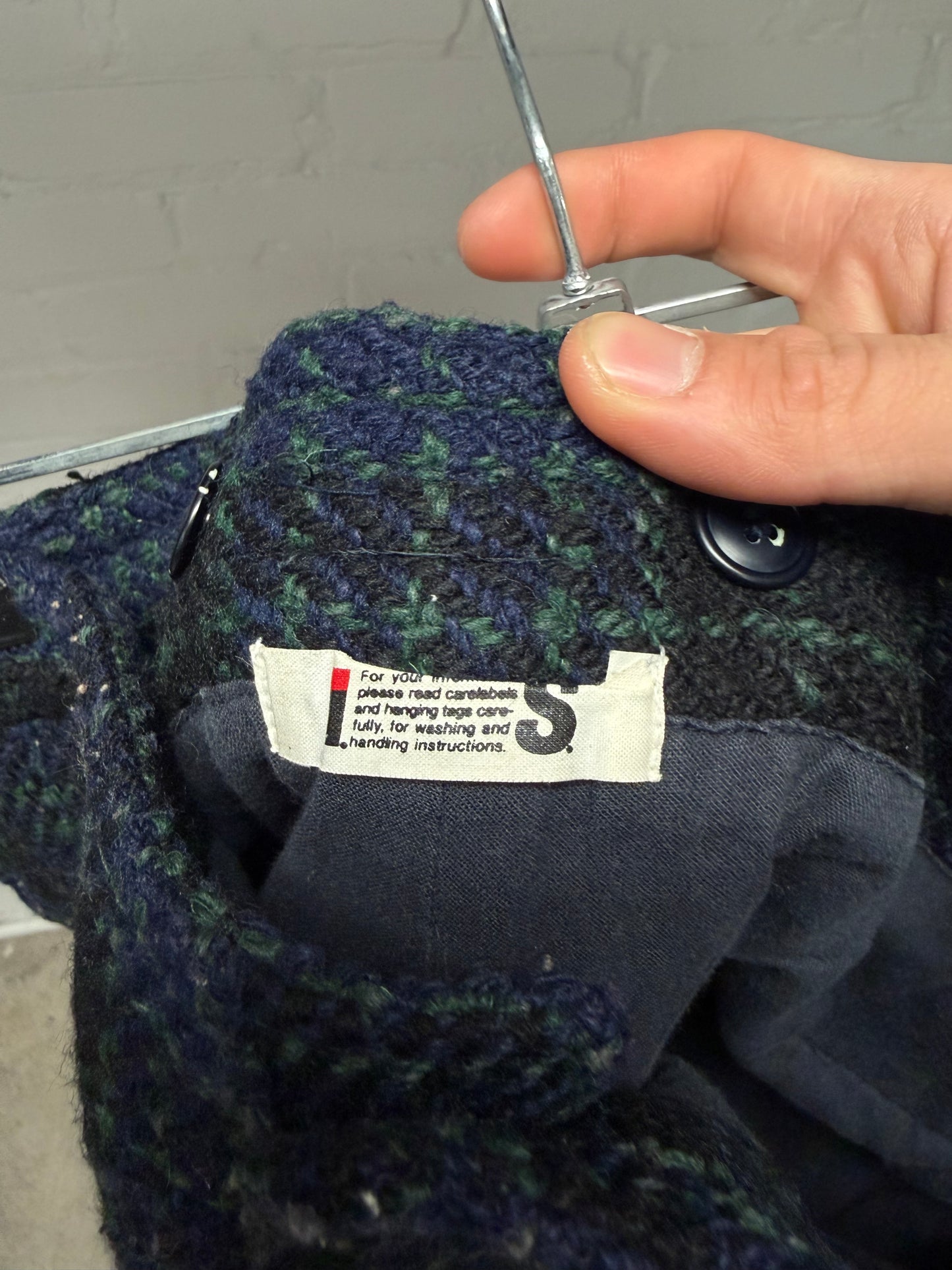 Vintage 90s Issey Miyake Blue/Green Plaid Tweed Shorts with Leather Knee Patches