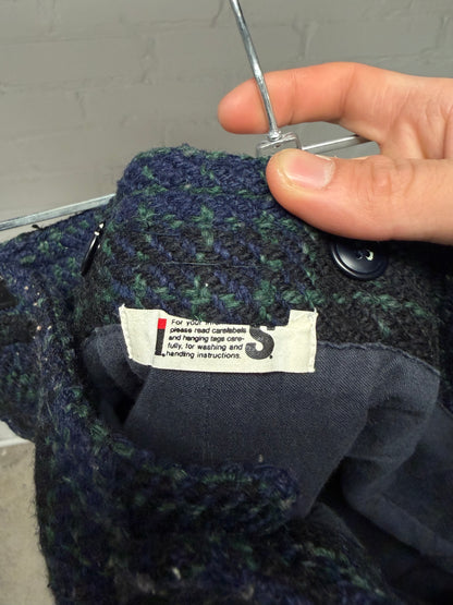 Vintage 90s Issey Miyake Blue/Green Plaid Tweed Shorts with Leather Knee Patches