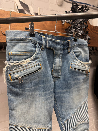 2010s Balmain Washed Blue ‘Biker Knee’ Zipper Detailed Denim