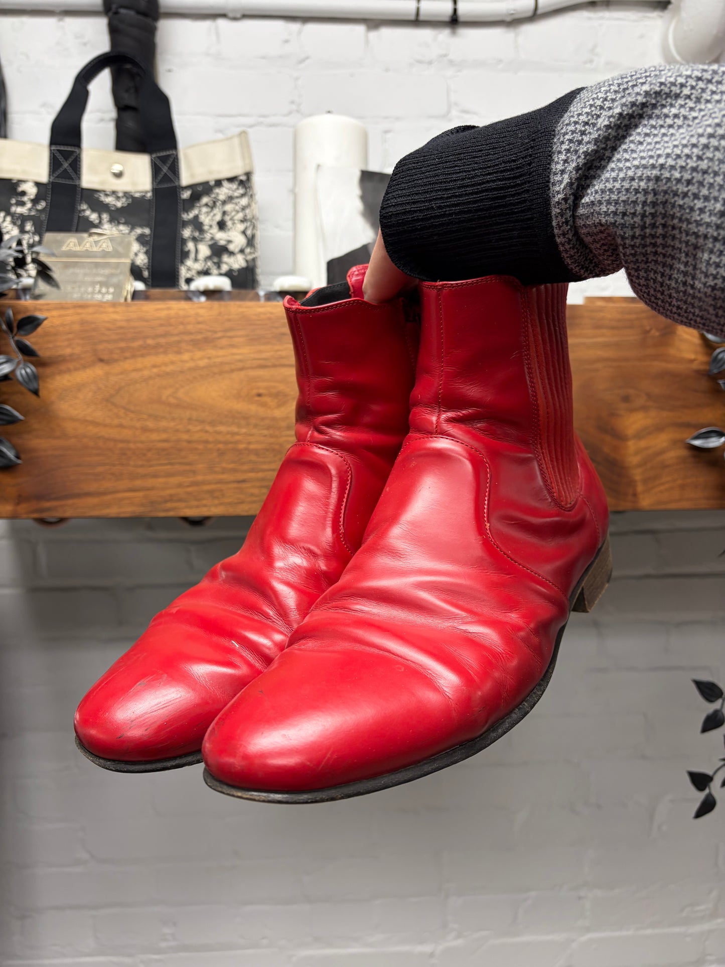 Balenciaga Red Pointed Toe Calfskin Leather Chelsea Boots