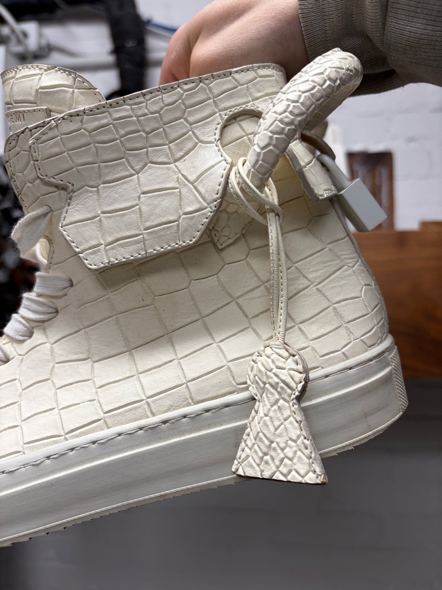 Buscemi x En Noir Croc Embossed Cream White Leather High Top Sneakers
