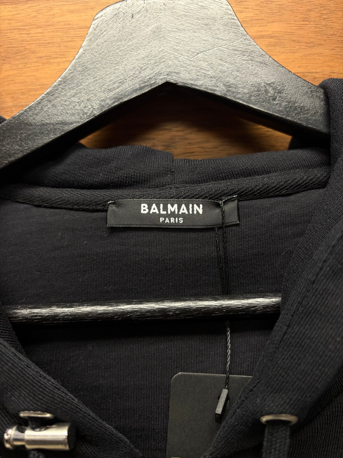 Balmain Distressed Black Zip-Up Hoodie with Pleated Wax Vinyl Repairs