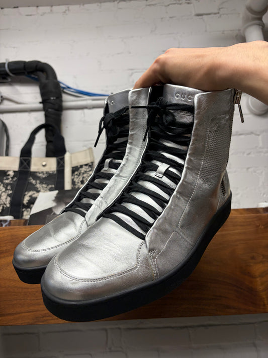 Gucci Silver Leather ‘Nappa Silk’ Zip High Top Sneakers