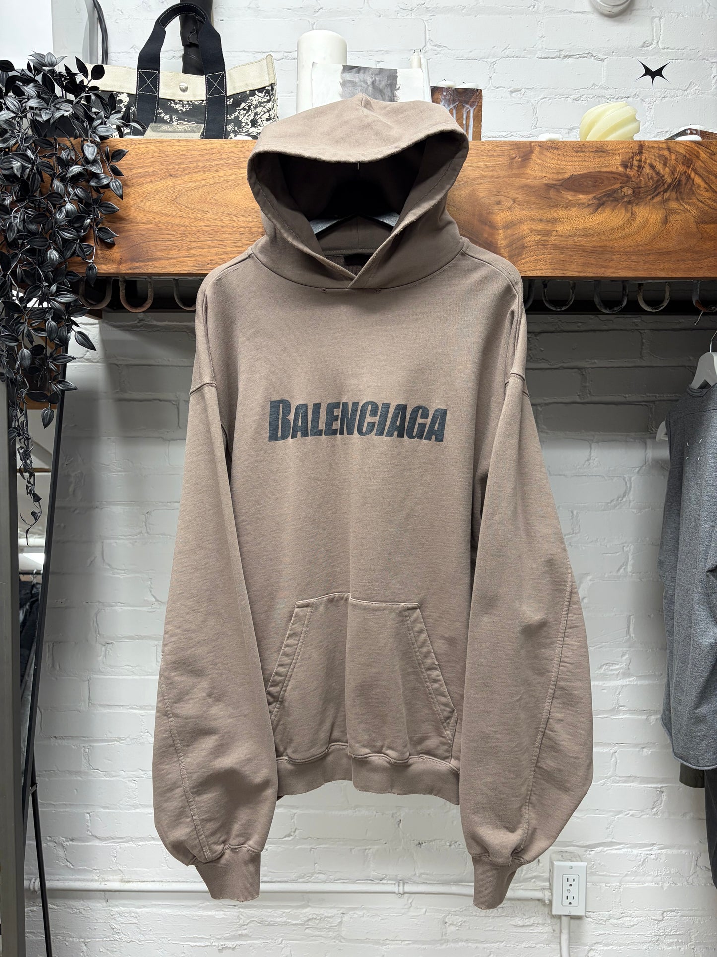 2022 Balenciaga ‘Logo Print’ Distressed Cotton Taupe/Black Pullover Hoodie