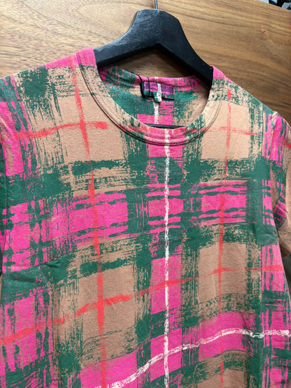 Comme Des Garçons Trictots Pink/Green ‘Blurry Plaid’ Print Brown Graphic T-Shirt