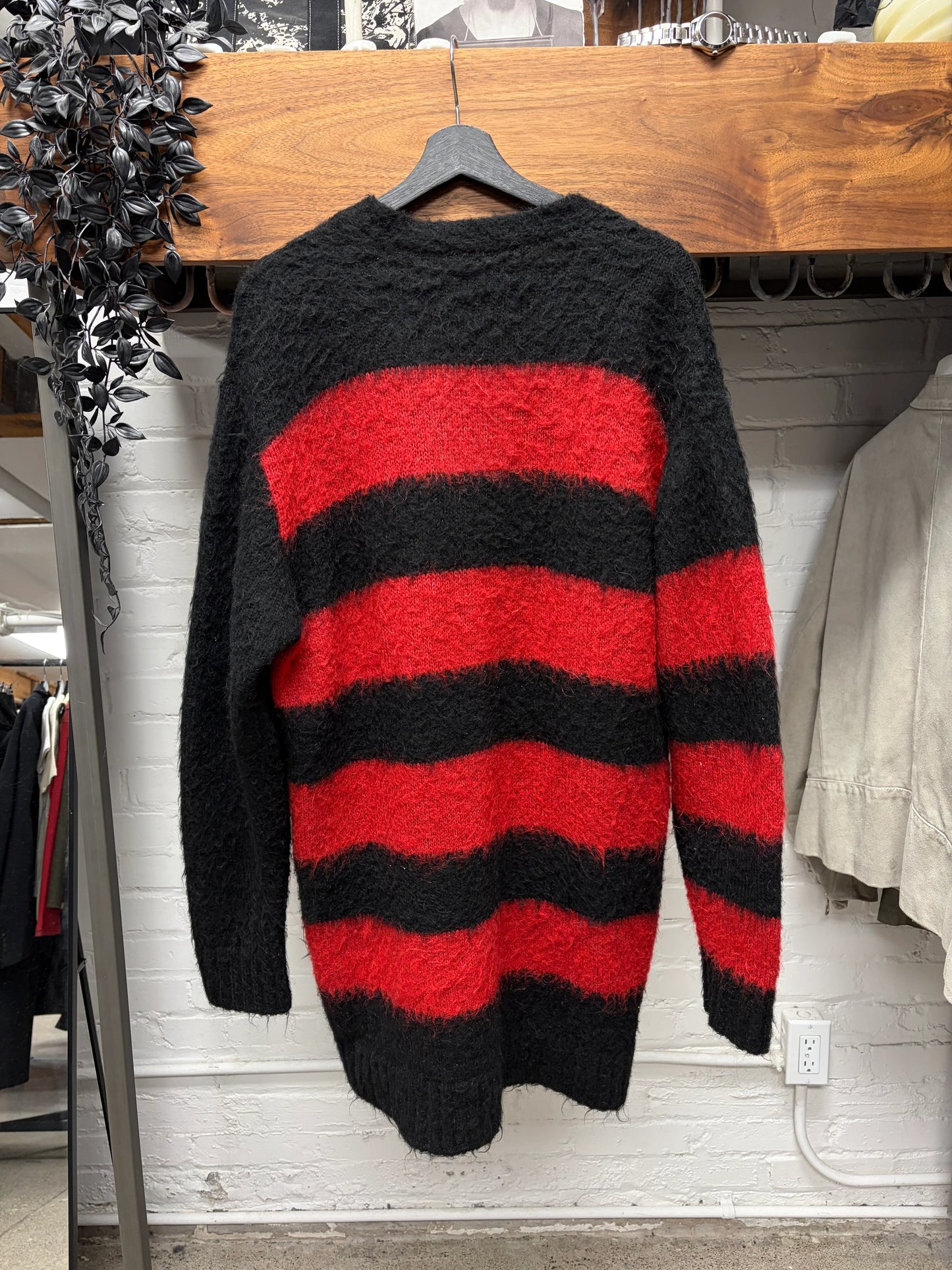 Undercover ‘Mohair Shag’ Black/Red Striped Knit Cardigan