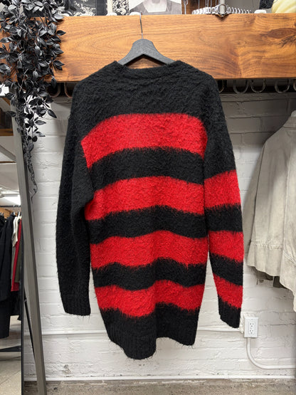 Undercover ‘Mohair Shag’ Black/Red Striped Knit Cardigan