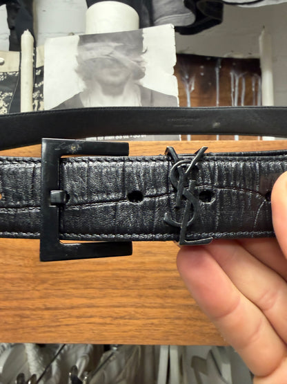 Saint Laurent Black Crocodile Embossed Leather ‘YSL’ Logo Minimal Belt