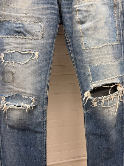 2000s Hysteric Glamour Blue Patchwork Skinny Jeans