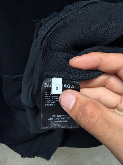 2020 Balenciaga ‘Nametag’ Distressed Black Pullover Hoodie