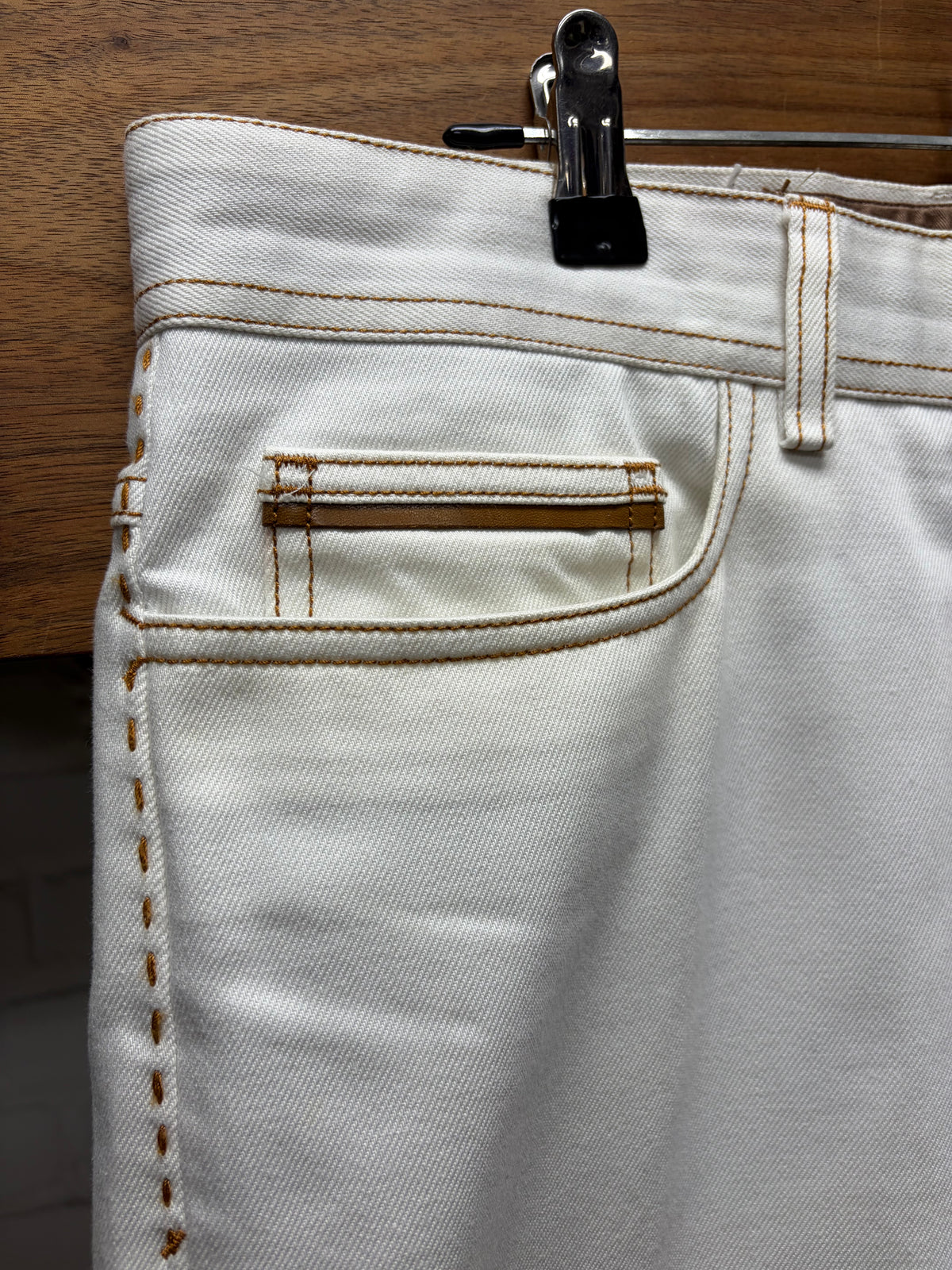 Berluti Pleated White Slim Cut Denim with Leather Pocket Trim