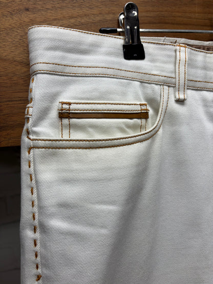 Berluti Pleated White Slim Cut Denim with Leather Pocket Trim