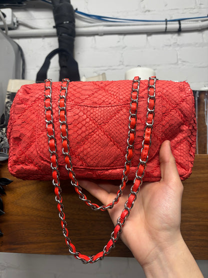 Chanel Red Python Leather Classic ‘Flap Bag’ with Silver Hardware