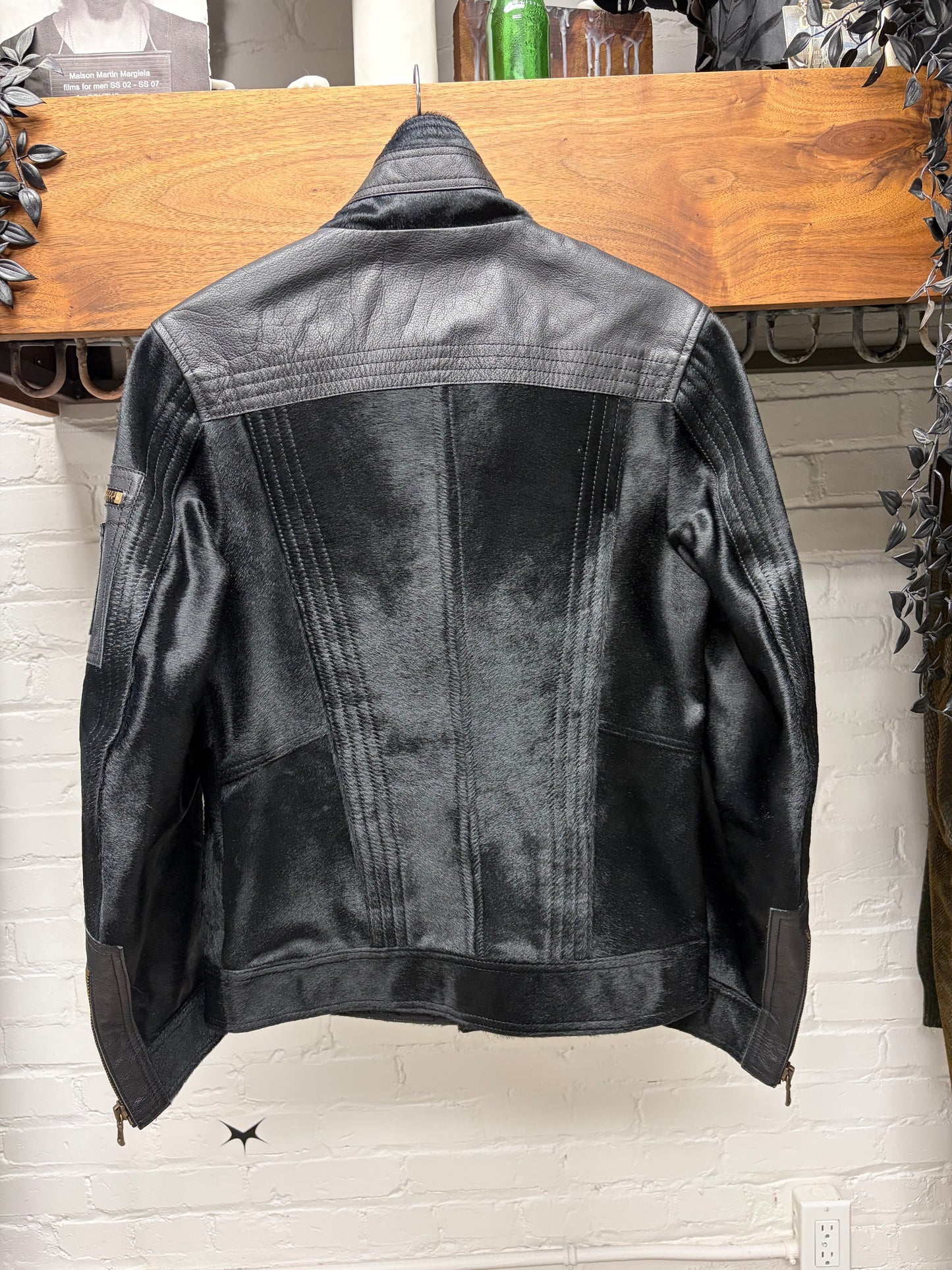 2000s Dolce & Gabanna Mainline Pony-Hair/Buffalo Leather ‘Runway’ Hybrid Motorcycling High Neck Jacket