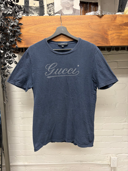 2000s Gucci ‘Cursive Script Logo’ Navy Blue Cotton T-Shirt