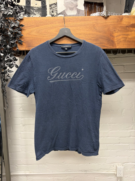 2000s Gucci ‘Cursive Script Logo’ Navy Blue Cotton T-Shirt