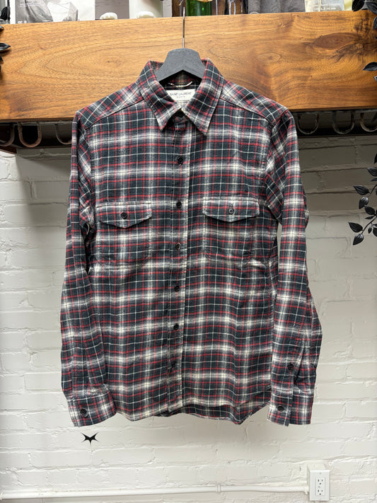 AW2015 Saint Laurent by Hedi Slimane Red/Grey Plaid Flannel Button Up Shirt
