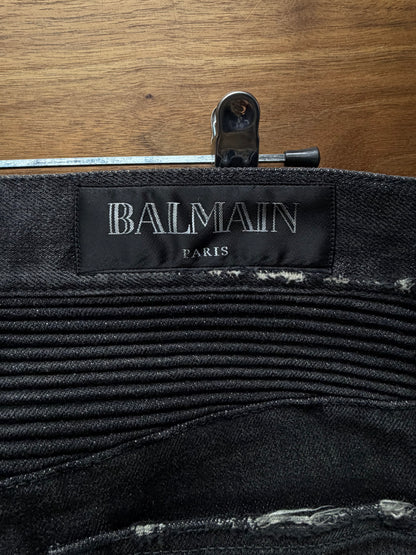 Balmain Distressed Grey Moto-Knee Skinny Biker Denim