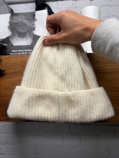 Chanel 100% Cashmere/Resin Pearl Cream ‘Cursive Logo’ Ribbed Knit Beanie