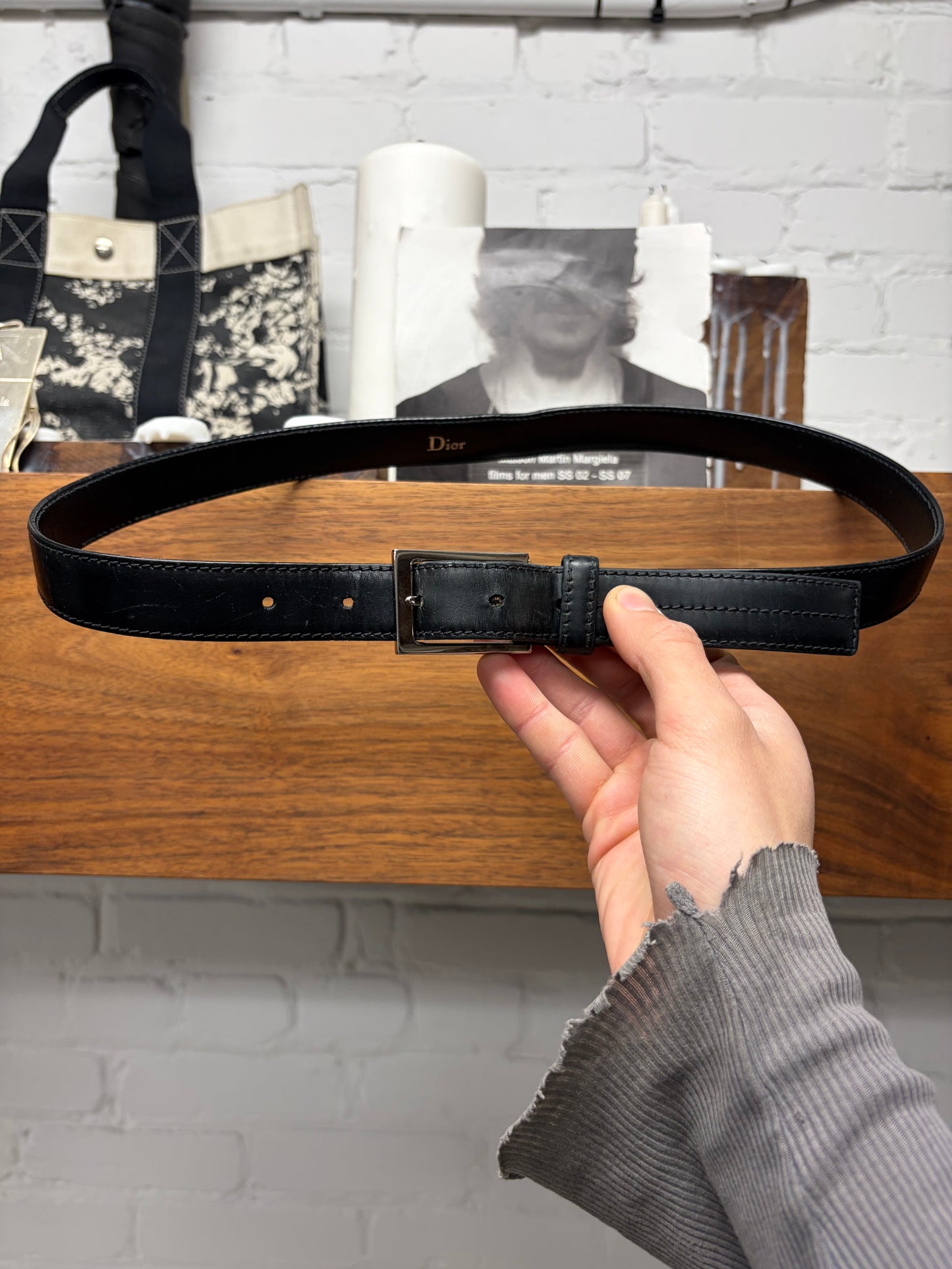 Dior Homme Skinny Black Leather Silver Box Buckle Belt