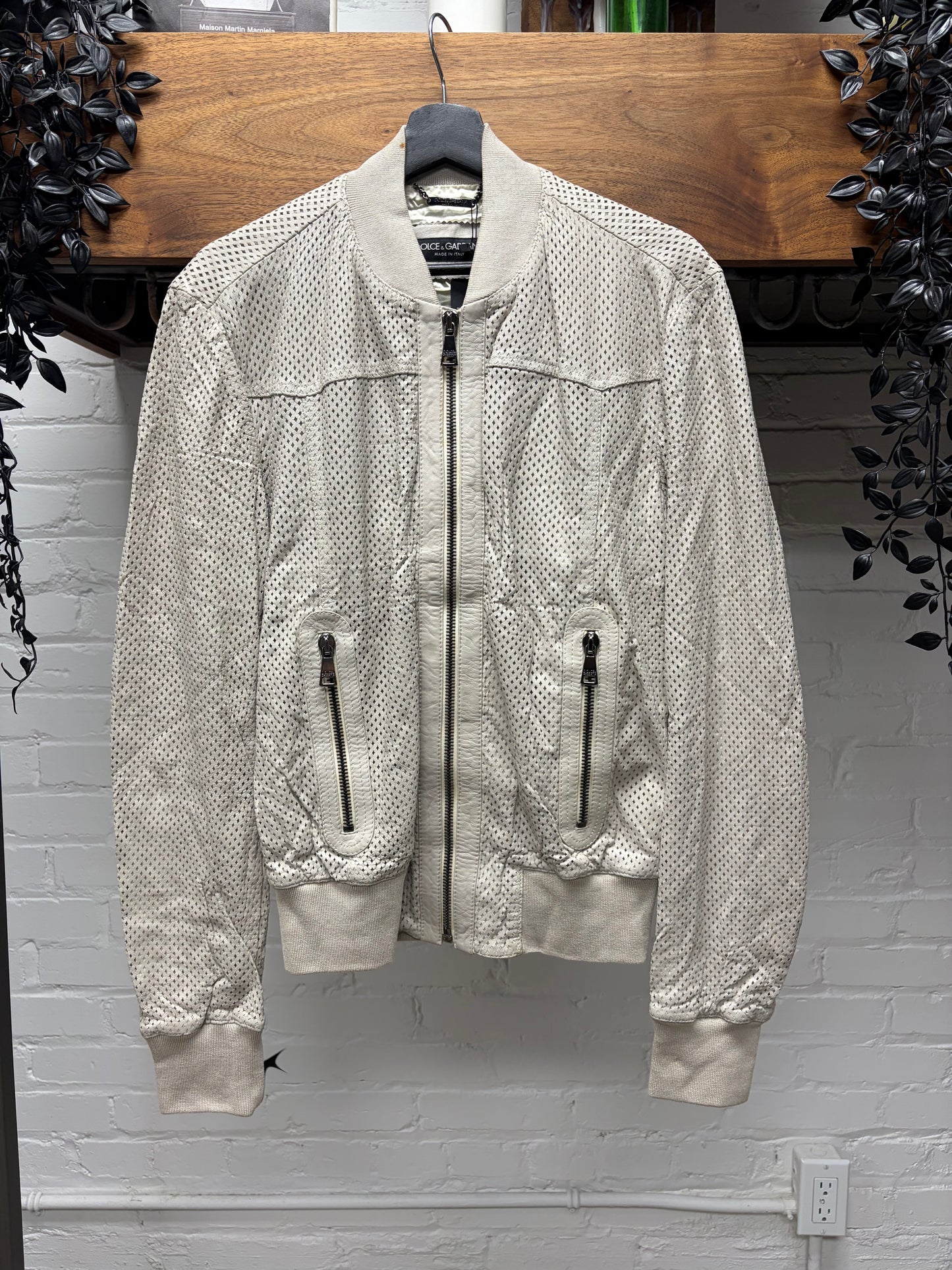 Dolce and Gabbana ‘Mainline’ Diamond Shape Perforated Cream Lambskin Leather Bomber Jacket