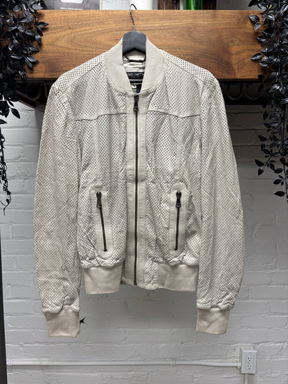 Dolce and Gabbana ‘Mainline’ Diamond Shape Perforated Cream Lambskin Leather Bomber Jacket
