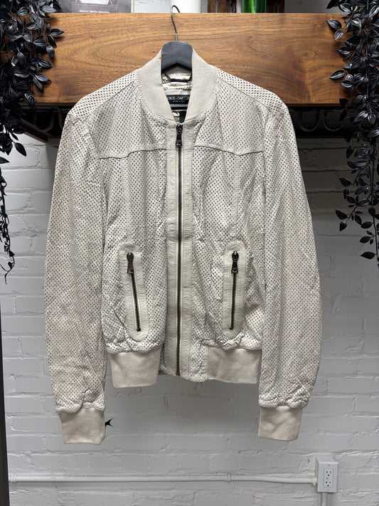 Dolce and Gabbana ‘Mainline’ Diamond Shape Perforated Cream Lambskin Leather Bomber Jacket